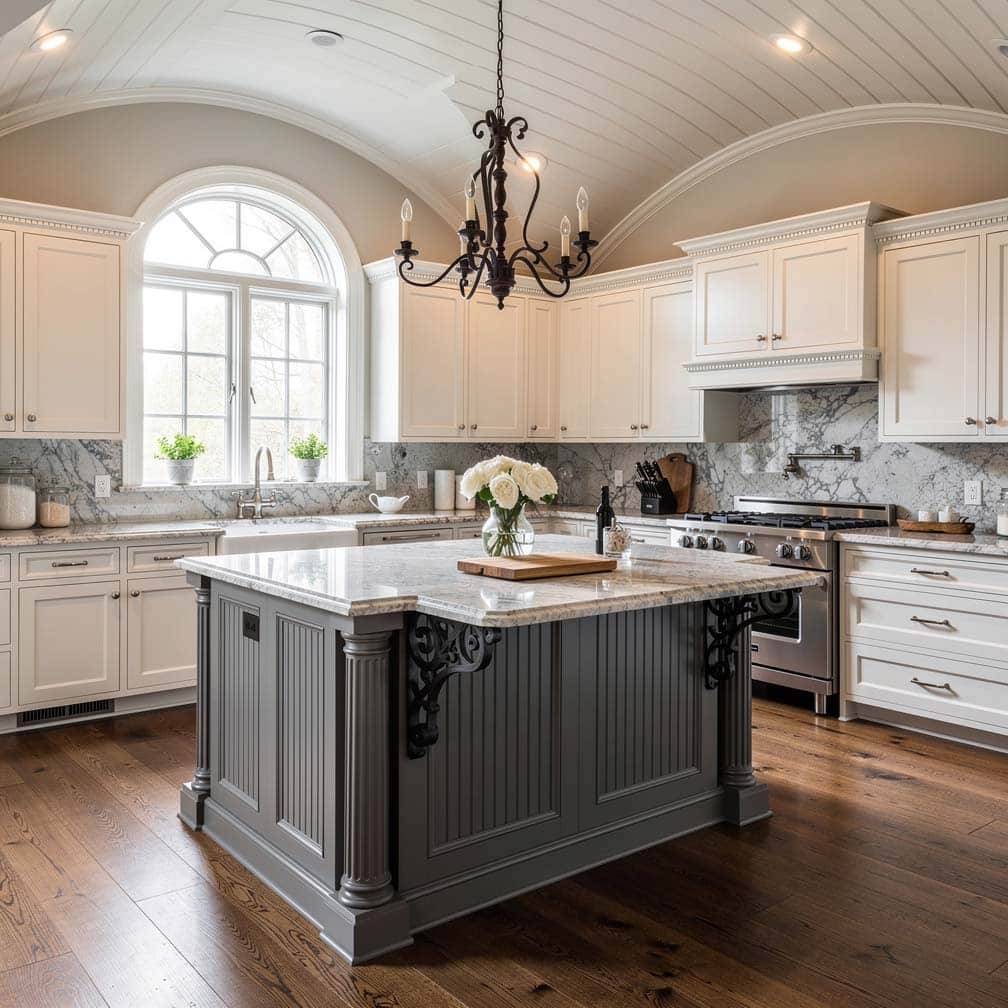 This gorgeous classic-style kitchen features a gray freestanding island with panel detail,