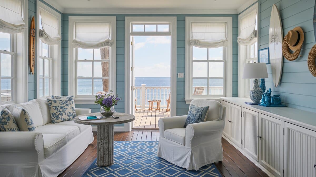 Coastal sunroom with blue shiplap walls, white sofas, open French doors, and sparkling ocean views beyond the deck
