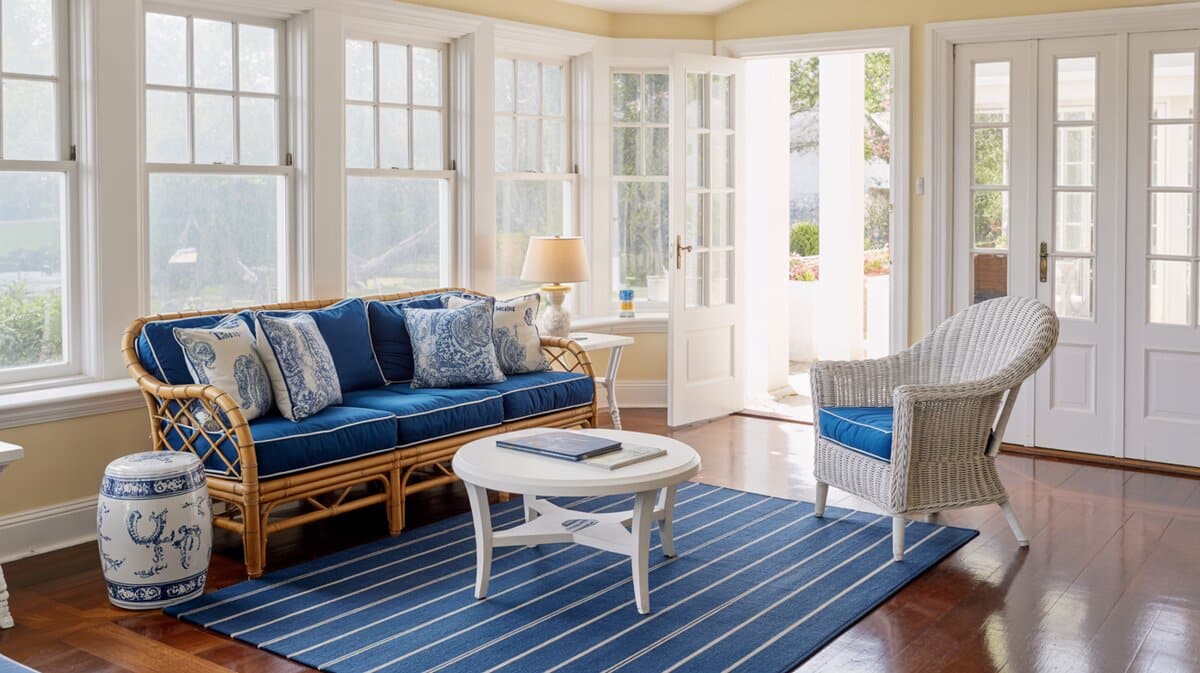 Rattan sofa with navy cushions on a blue striped rug near open French doors
