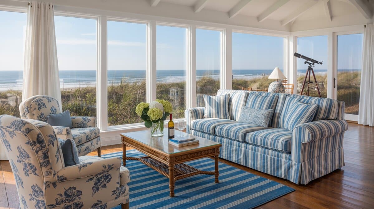 Blue striped sofa and floral armchairs face large windows overlooking a sandy beach
