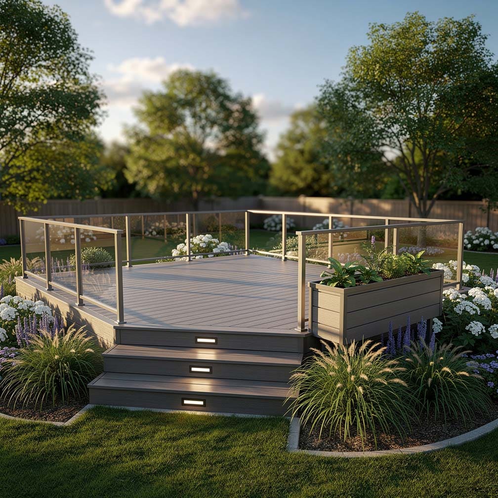 Composite Deck Behind Modern Home With Water Feature