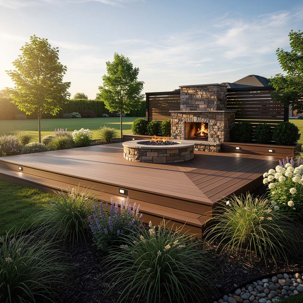 Composite Deck Under House With Outdoor Stone Fireplace