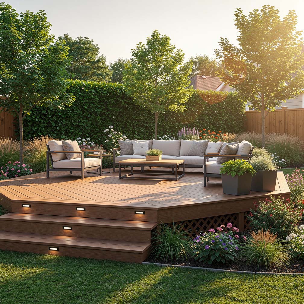 Composite Deck With Long Outdoor L Shaped White Couch