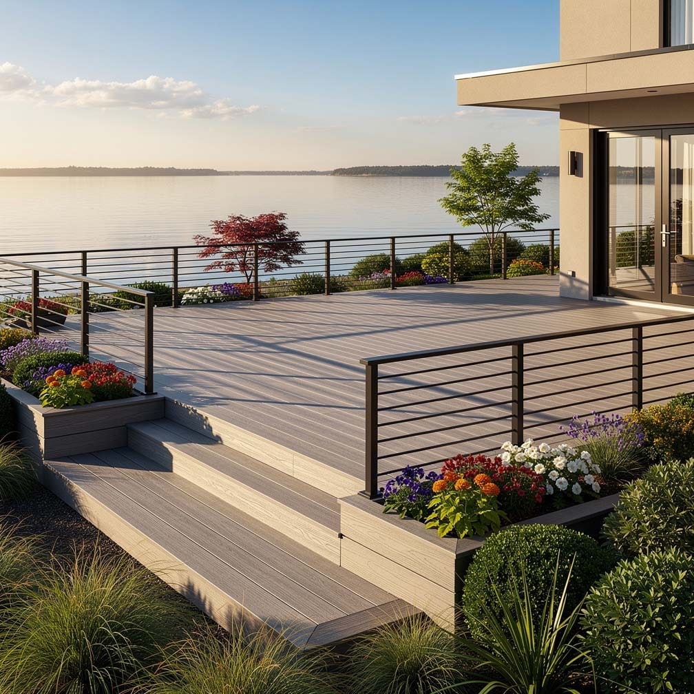 Composite Deck With Planters Metal Railings And View Of Bay