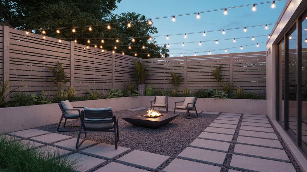 Concrete and pebble courtyard with warm grid string lights and a central fire pit at dusk