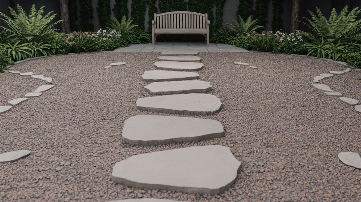 Large irregular concrete stepping stones through a pebble landscape to a shaded park bench