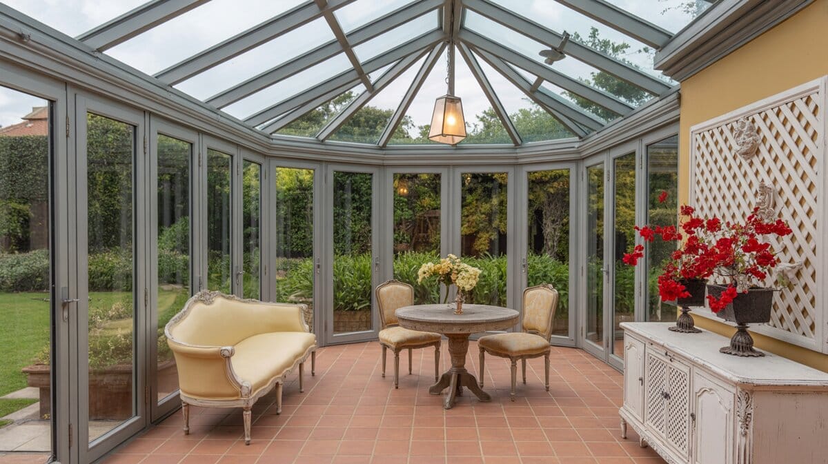Victorian conservatory with pyramid glass roof, ornate yellow settee, round table, and lush garden views