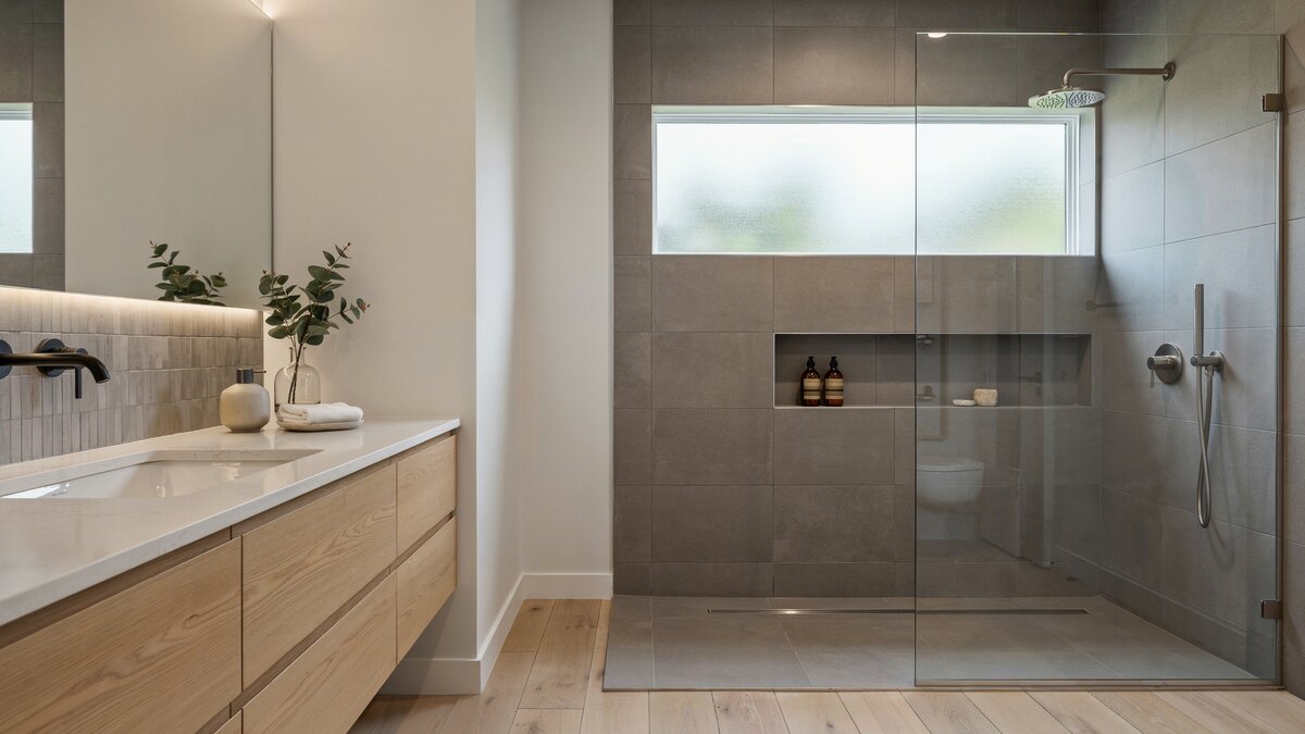 Contemporary bathroom with gray porcelain tile walk-in shower and floating oak vanity