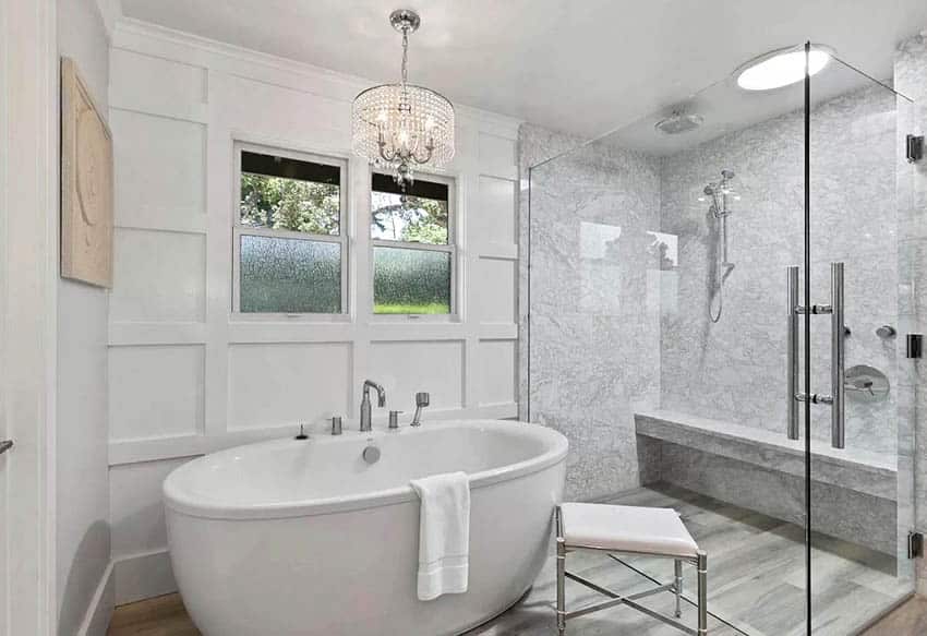 Contemporary bathroom with walk in shower and freestanding tub