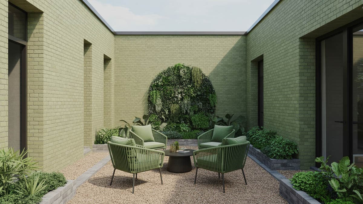 Contemporary brick and pea gravel courtyard with sage green outdoor chairs and a living wall