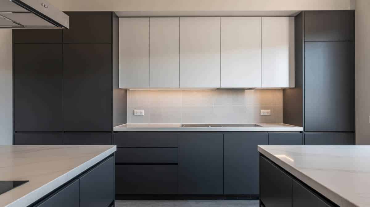 Kitchen blending black lower cabinets with white overhead cabinets and white stone counters