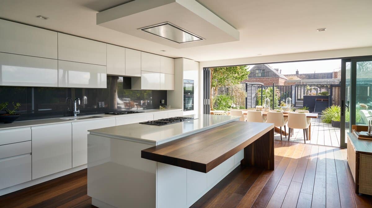 Contemporary white gloss kitchen with walnut waterfall island opening to outdoor garden terrace