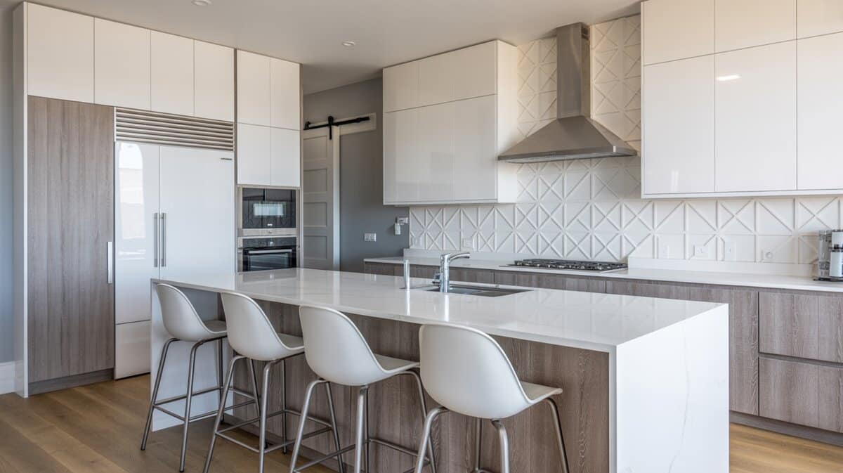Contemporary kitchen with white gloss cabinets and gray wood waterfall island base