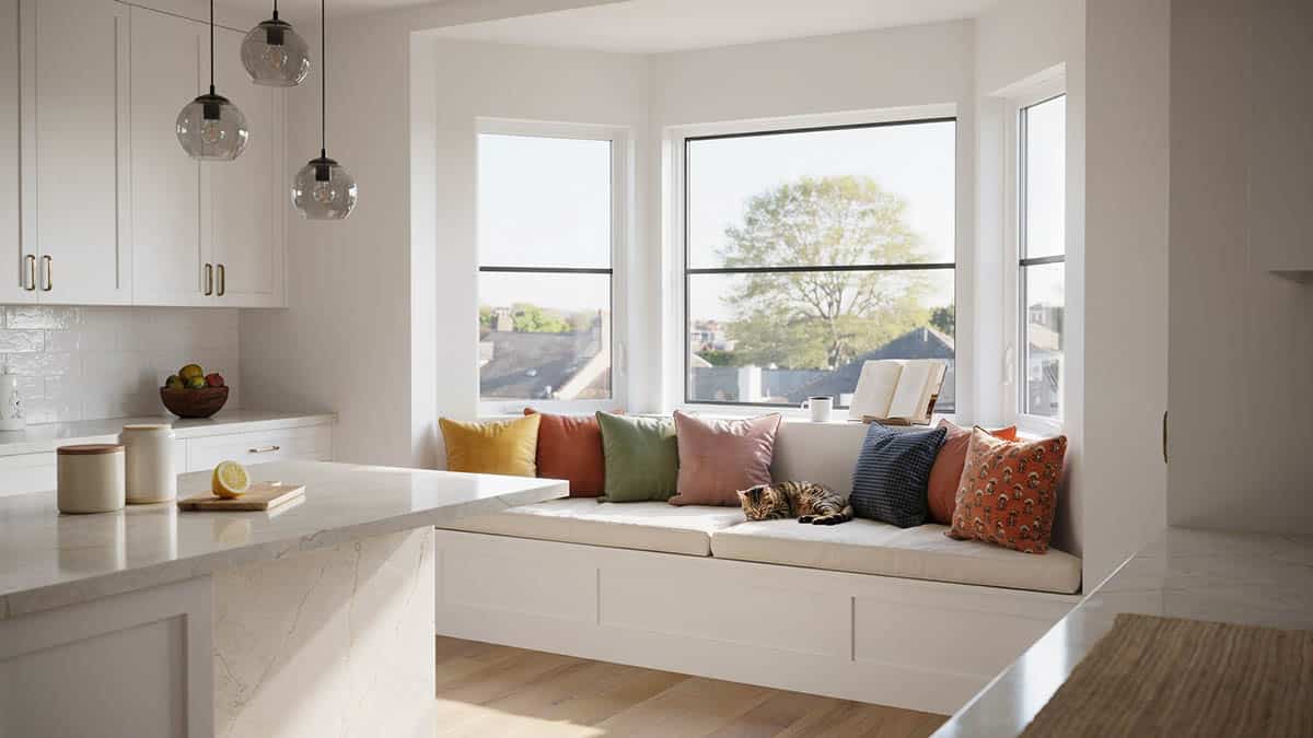 Window bench in kitchen with colorful cushions