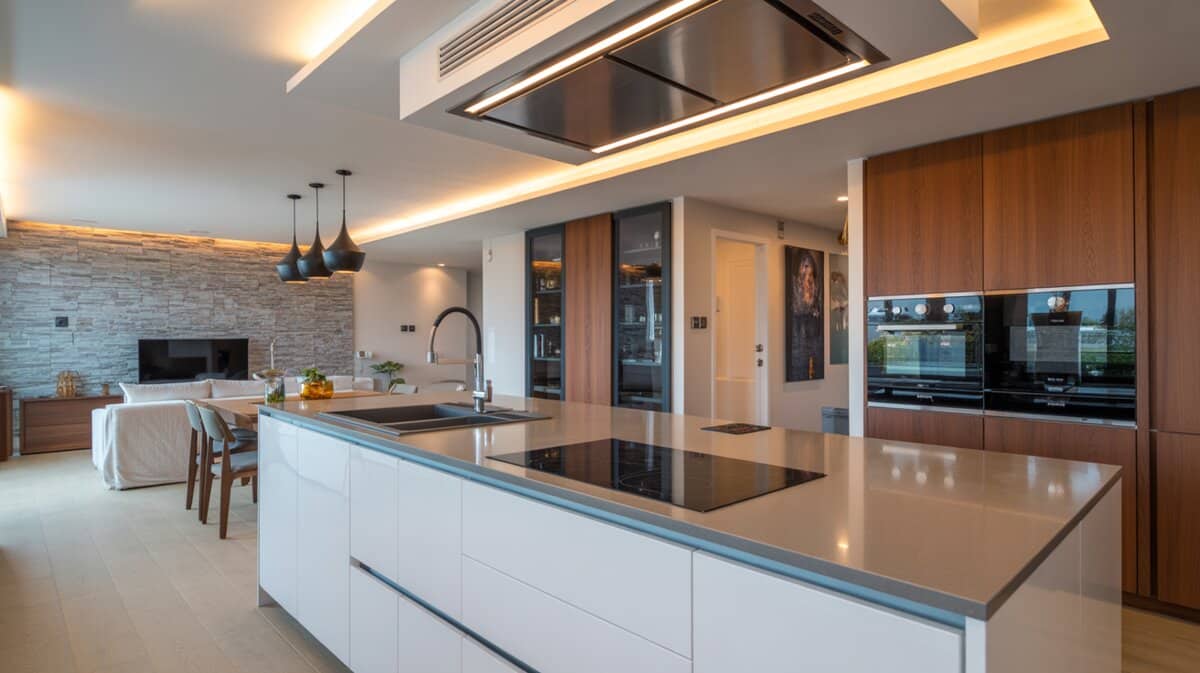 Open-plan kitchen with white island cooktop and ceiling hood facing a stone wall living area