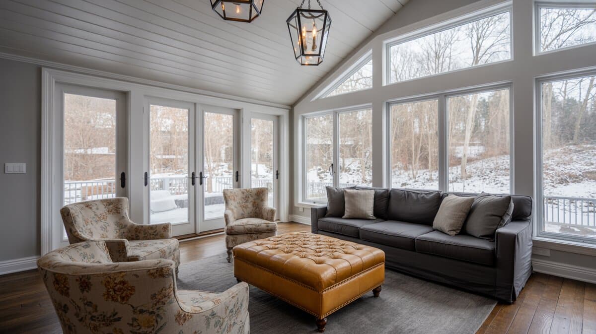Vaulted sunroom with grey sofa, floral armchairs, tufted leather ottoman, and snowy yard view