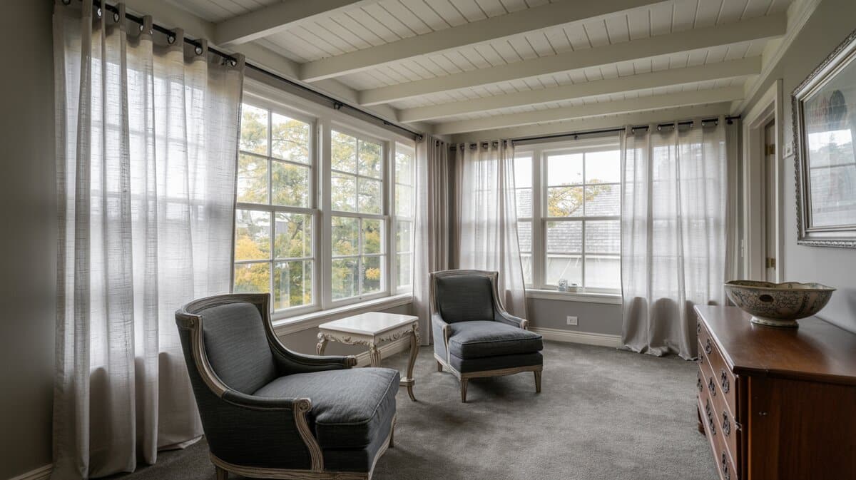 Sunroom with two charcoal wingback chairs, sheer linen curtains, beamed white ceiling, and tree views