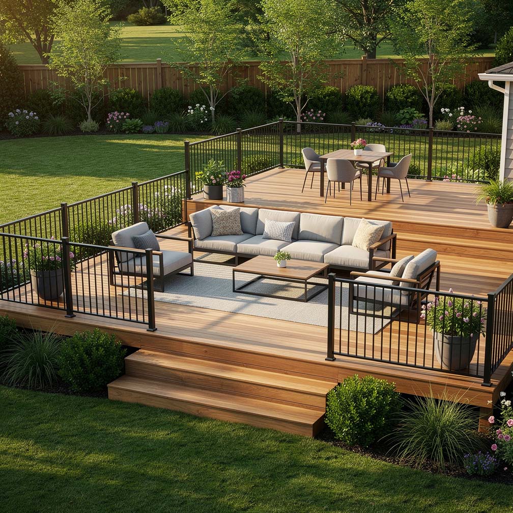Contemporary Wrap Around Deck With Metal Railings And L Shaped Couch