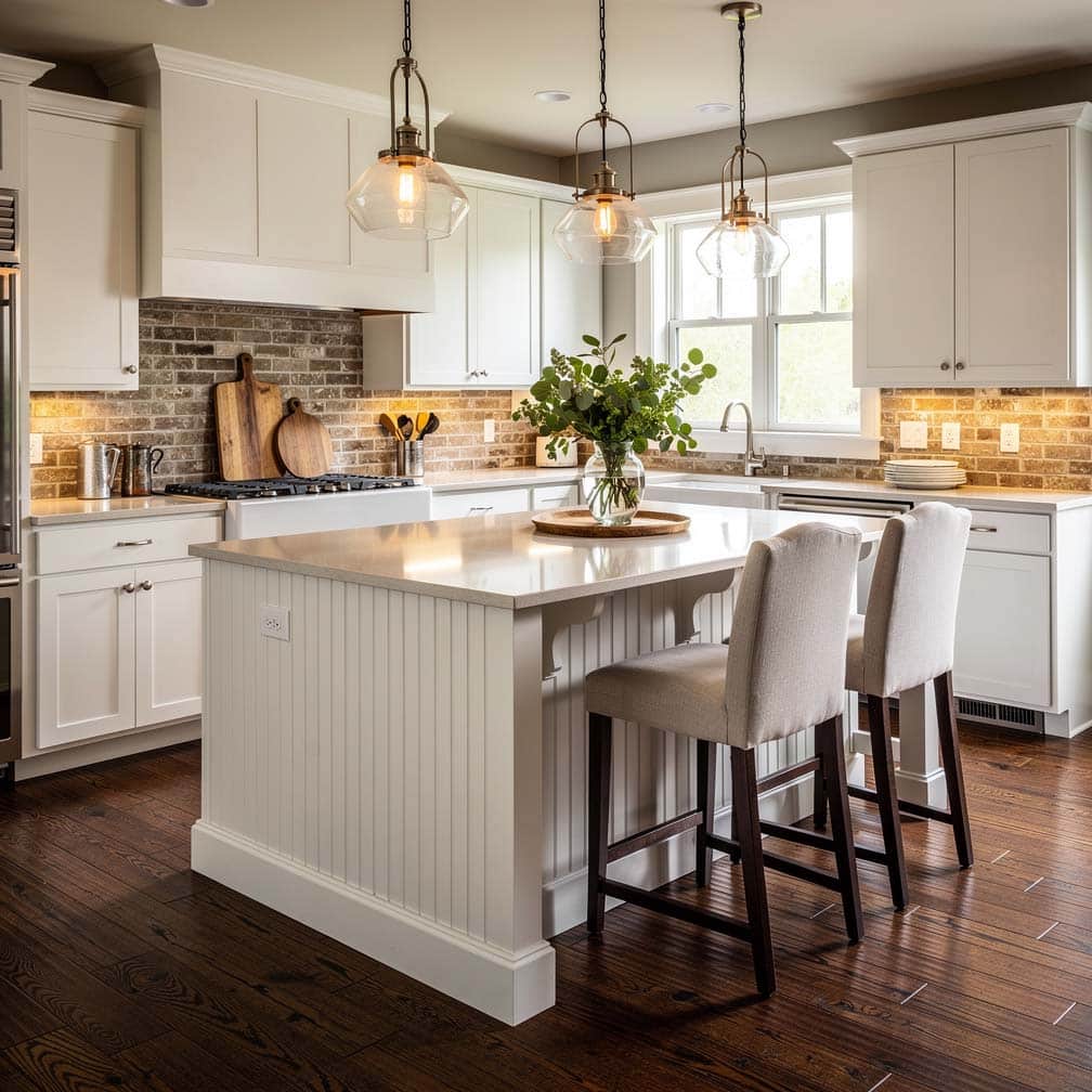 The vertical beaded paneling used on this large kitchen island adds textural variety to the space.