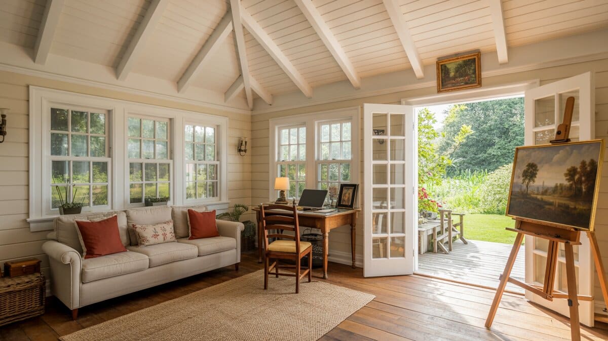 Shiplap cottage sunroom with vaulted beams, artist easel, and open doors to garden