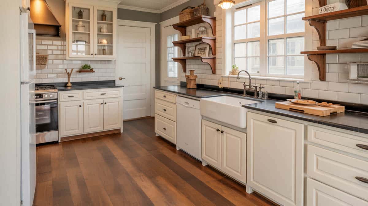 Farmhouse kitchen with white cabinets, black granite counters and walnut hardwood floor