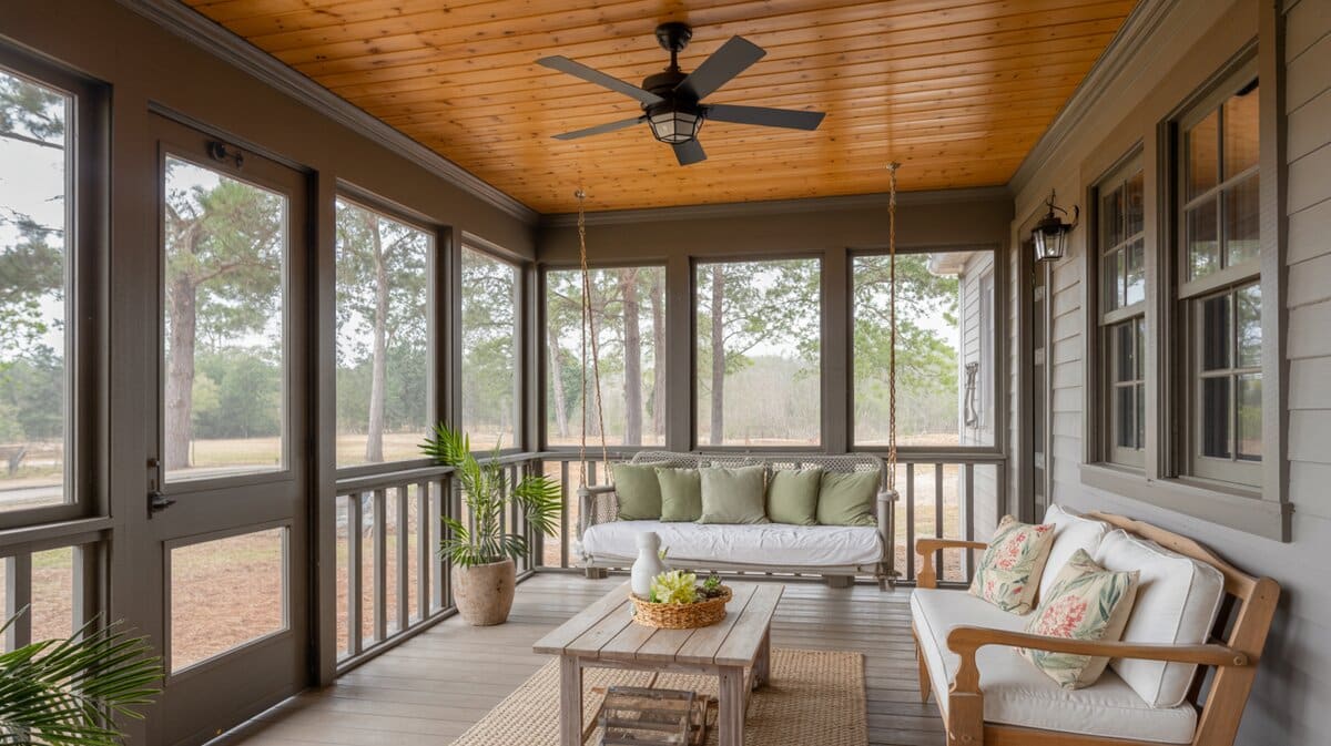 Screened porch with a hanging rope swing sofa, green cushions, cedar plank ceiling, and tall pine trees outside
