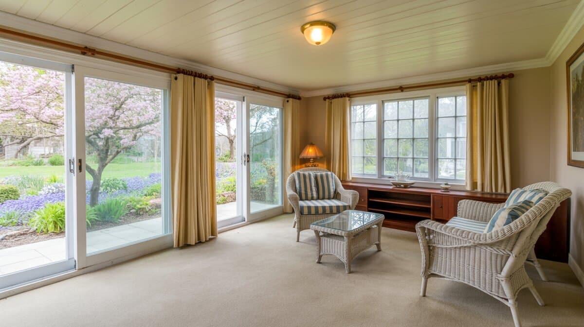 Carpeted sunroom with white wicker furniture and striped cushions overlooking spring garden
