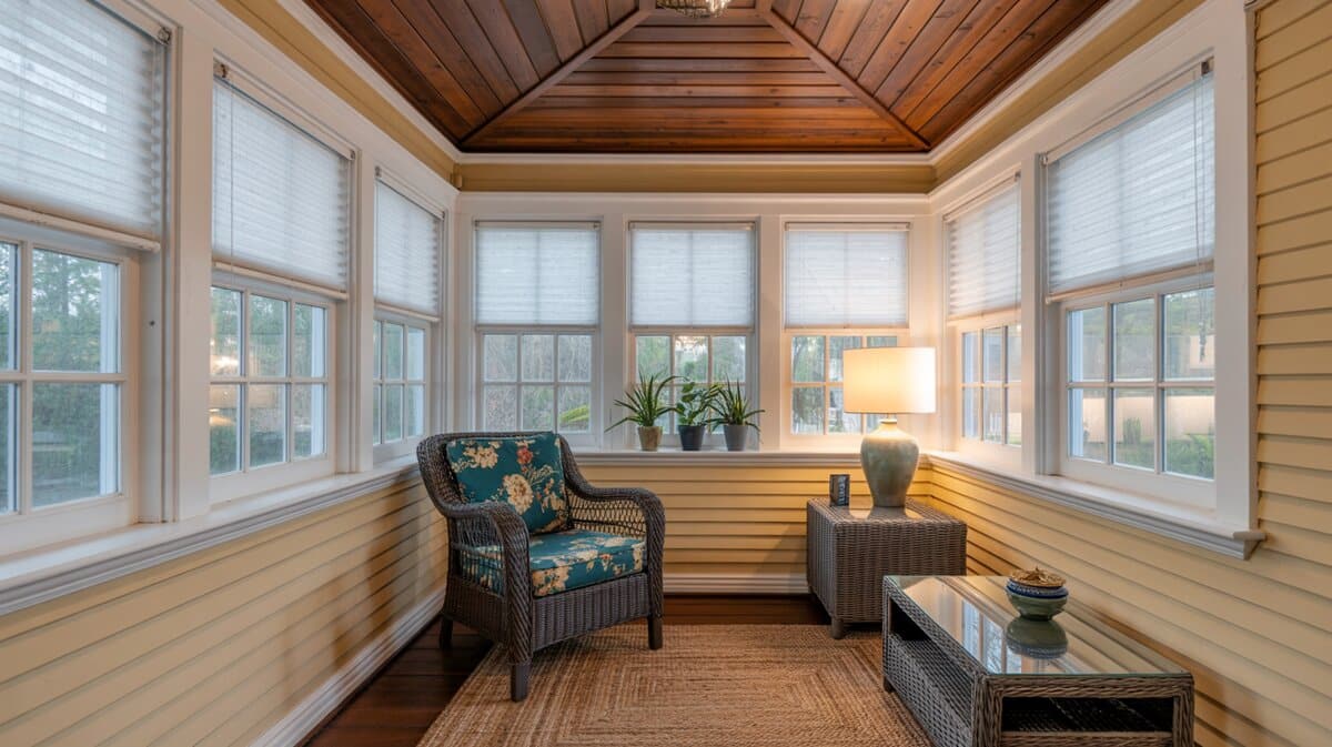 Enclosed sunroom with pleated roller blinds, dark wicker chair, floral cushion, and pyramid wood ceiling