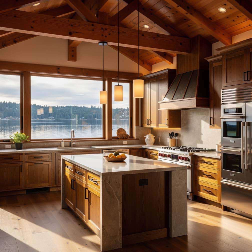 beautiful craftsman kitchen has a wood vaulted ceiling and wraparound windows to enjoy the panoramic water views.