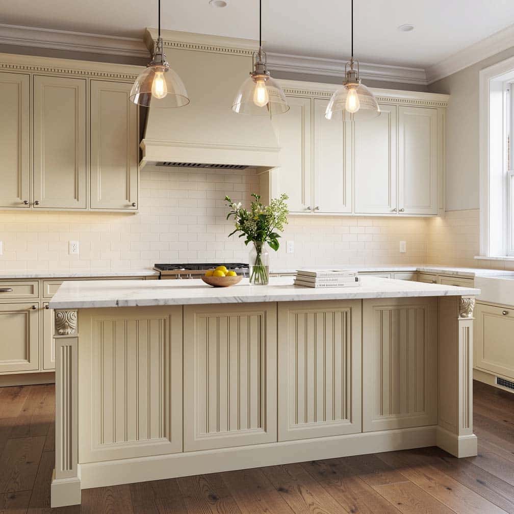 A kitchen with cream cabinets and elegant pendant lighting features a painted beadboard island