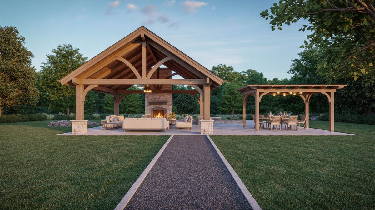Crushed aggregate pathway leading to a timber-frame outdoor entertaining structure