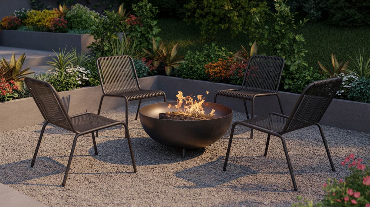 Crushed gravel patio with black powder-coated metal chairs around a bowl-shaped fire pit