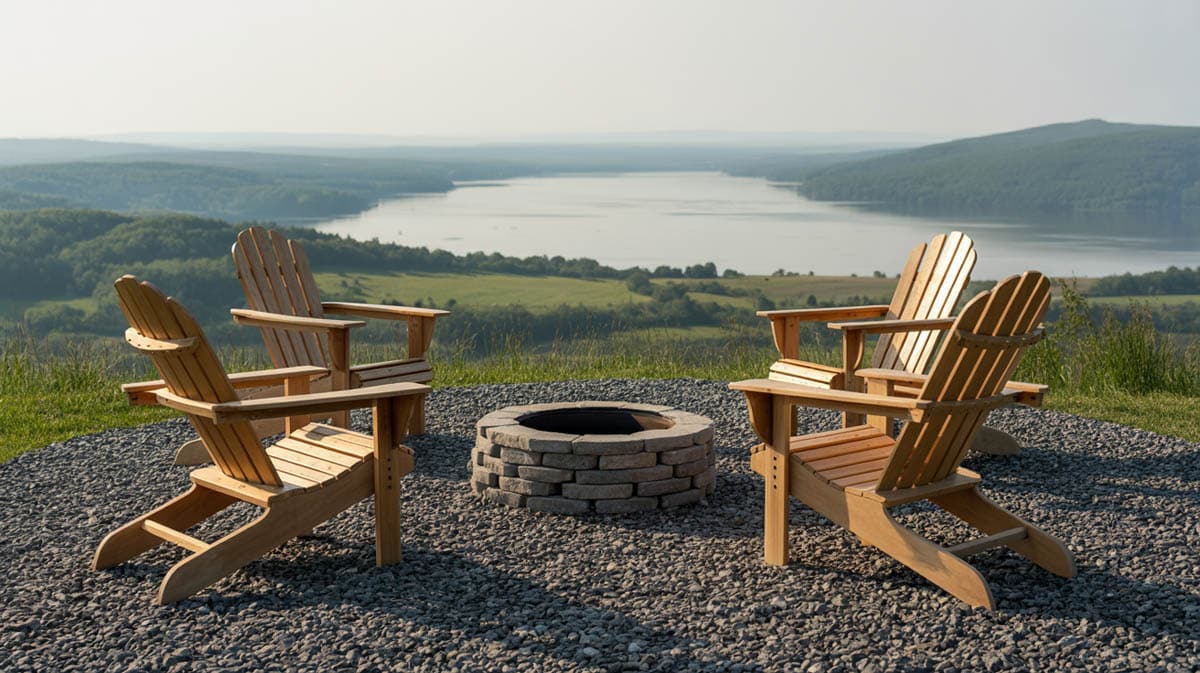Hillside crushed stone fire pit patio with panoramic lake views and Adirondack chairs