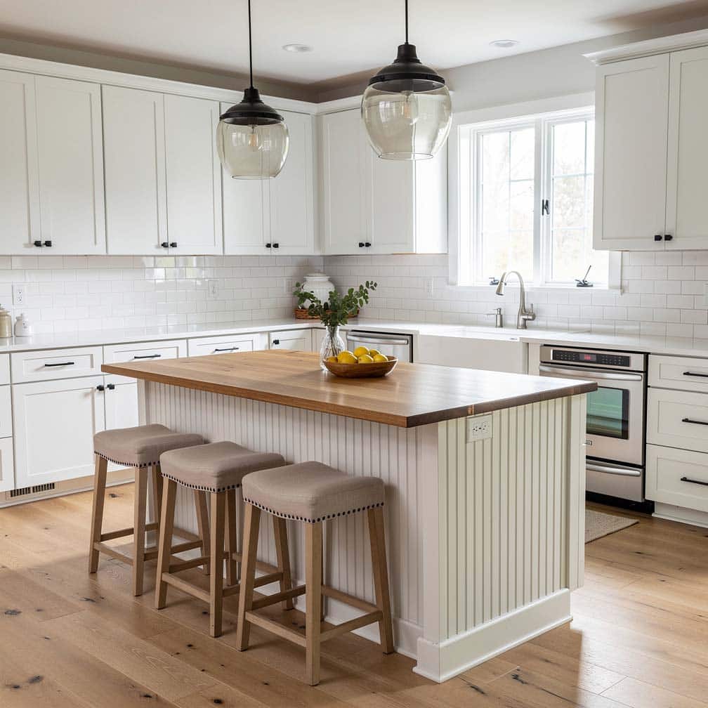A custom beadboard kitchen island with subway tile backsplash and counter stools showcases the