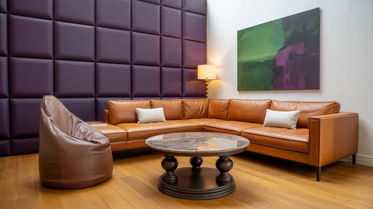 Contemporary living room with dark brown tile fireplace and white sofas
