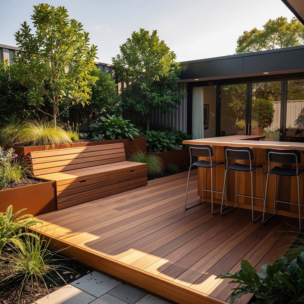 Deck Next To Garden With Outdoor Bar And Long Bench Seating