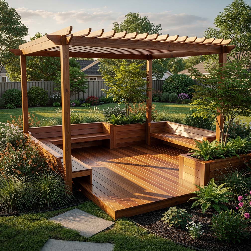 Deck With Pergola And Benches Overlooking Landscaped Backyard Garden
