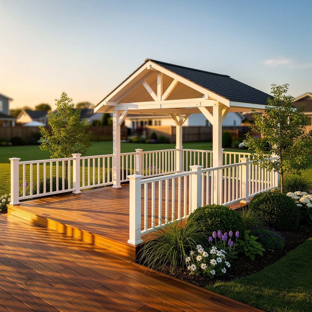 Deck With White Painted Gazebo And White Railings