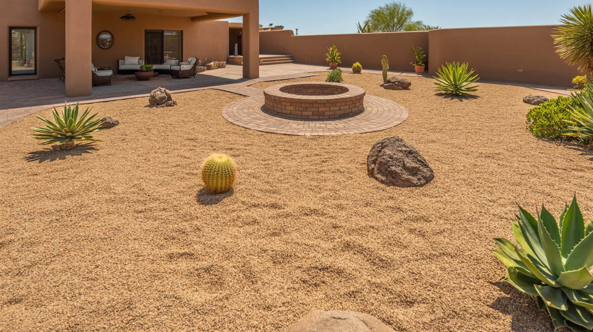 Desert-themed backyard with warm tan crushed stone and defined circular brick paver zones