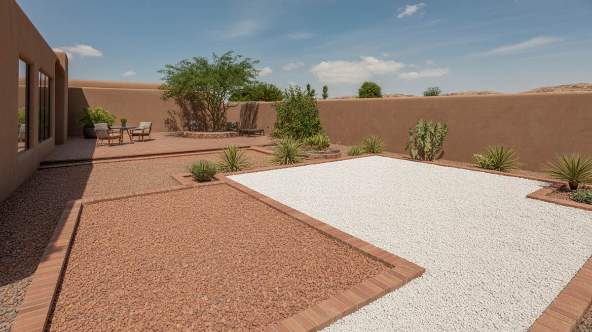 Desert-inspired patio with contrasting rust-red and white gravel separated by brick edging