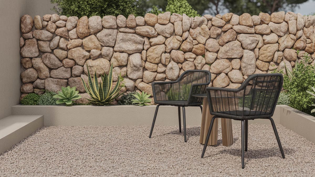 DIY gravel patio with a rough natural stone garden wall and woven rattan chairs