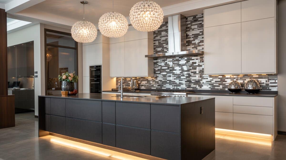 Dramatic kitchen with mosaic tile backsplash, dark waterfall island and crystal globe chandeliers