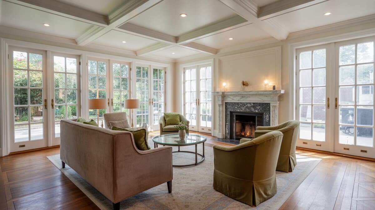 Coffered ceiling sunroom with lit marble fireplace and green velvet armchairs