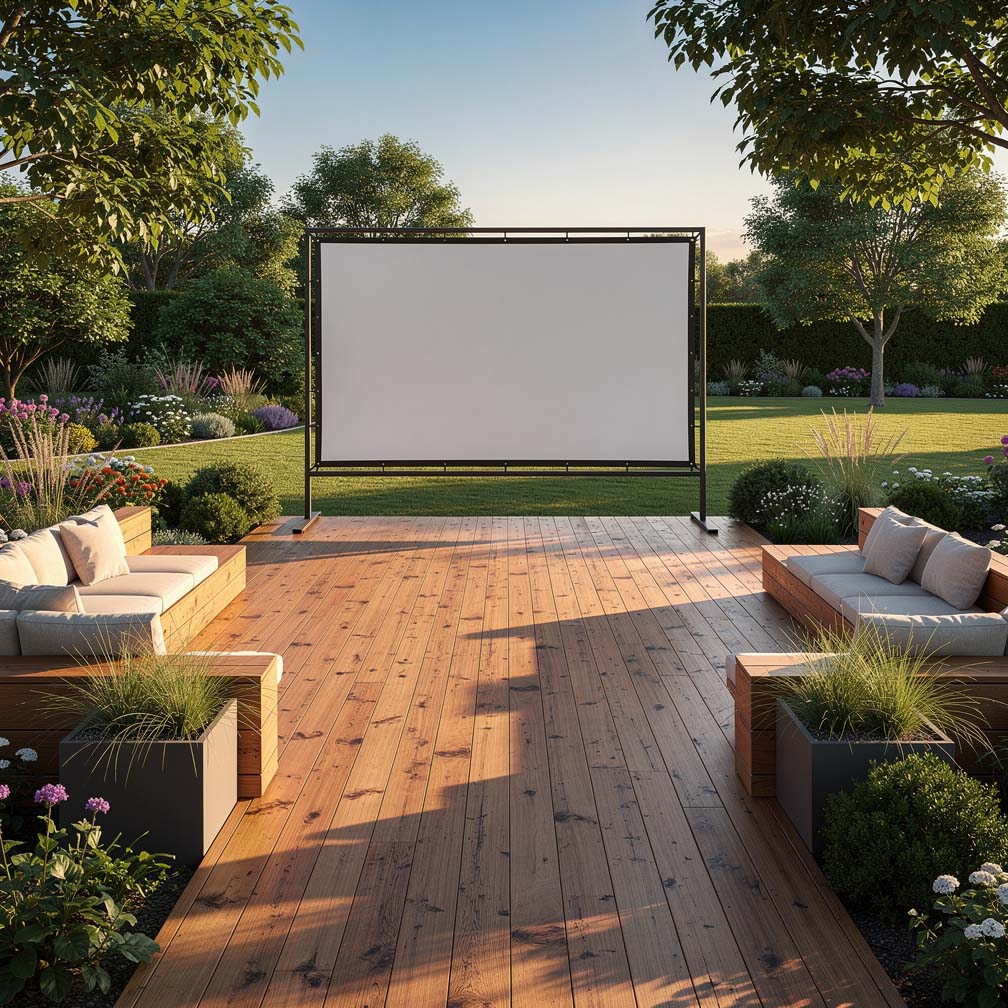 Elevated Wood Deck With Outdoor Furniture And Projection Screen