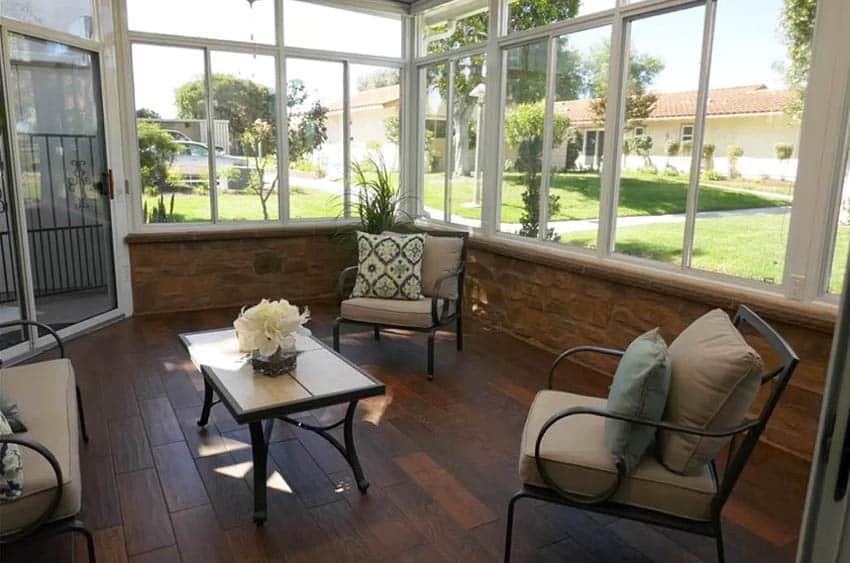 Patio with porcelain wood look floor tile