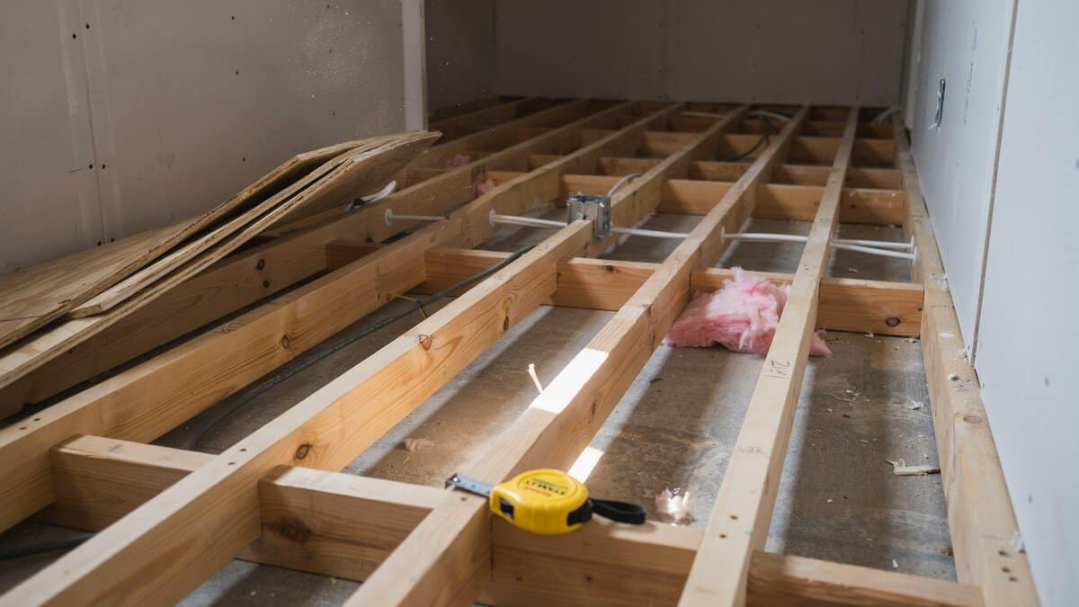 Exposed wood floor joists over a concrete slab with a tape measure across them