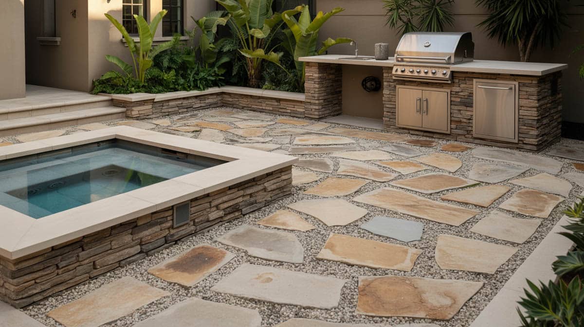 Upscale flagstone courtyard with an in-ground jacuzzi and a built-in stone outdoor grilling station
