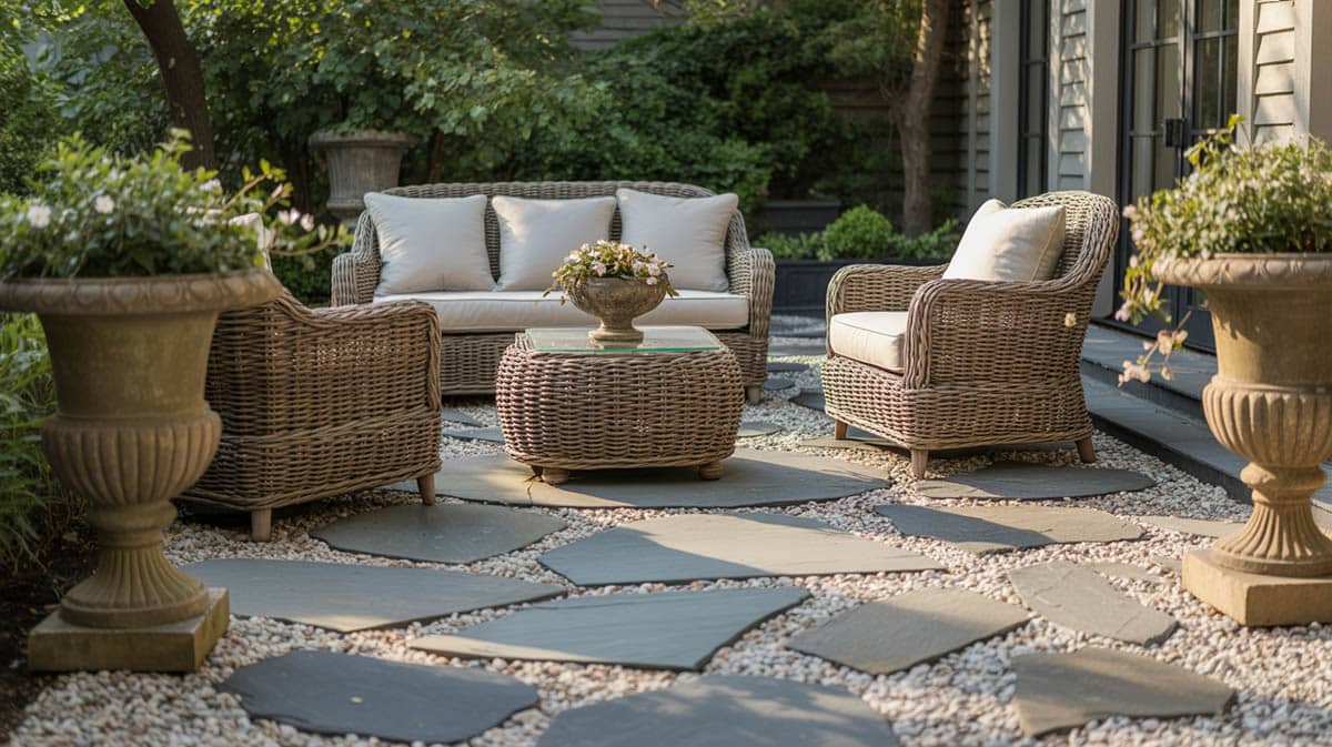 Traditional flagstone patio with irregular slate and white and gray pea gravel and wicker furniture