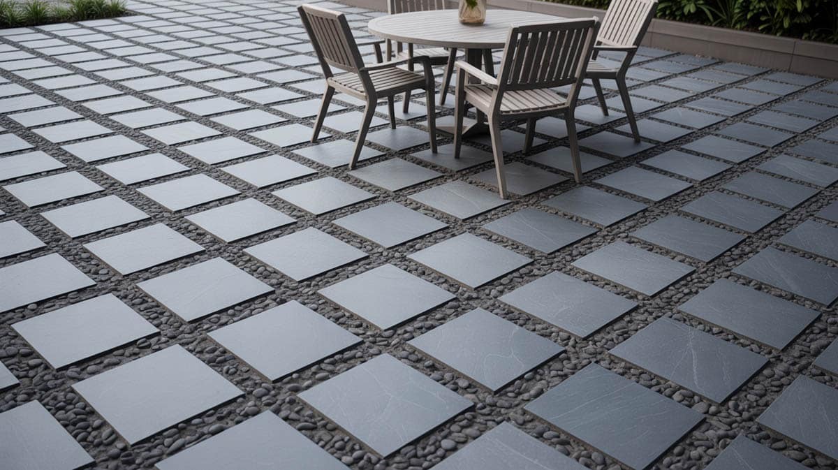 Formal backyard courtyard with rectangular slate tiles in a precise uniform grid and pea gravel