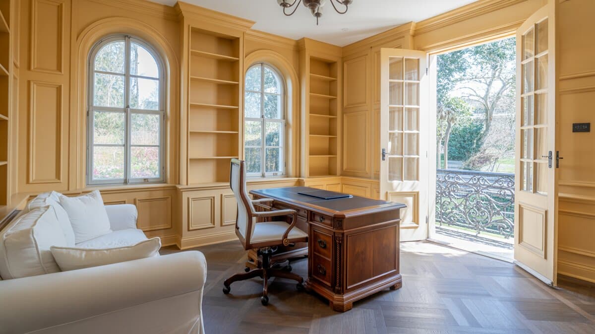 Golden yellow office with arched windows, built-in shelves, antique desk, and wrought iron balcony